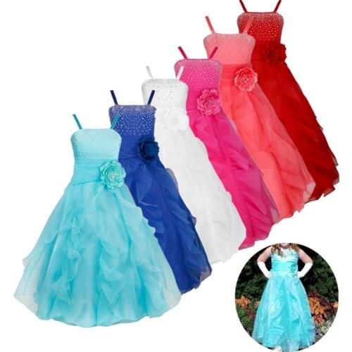 Kids Girls Sleeveless Organza Tutu Princess Dress Organza Ruffle Hem Bow Knot Bridesmaid Wedding Birthday Party Long Dress 2-14Y