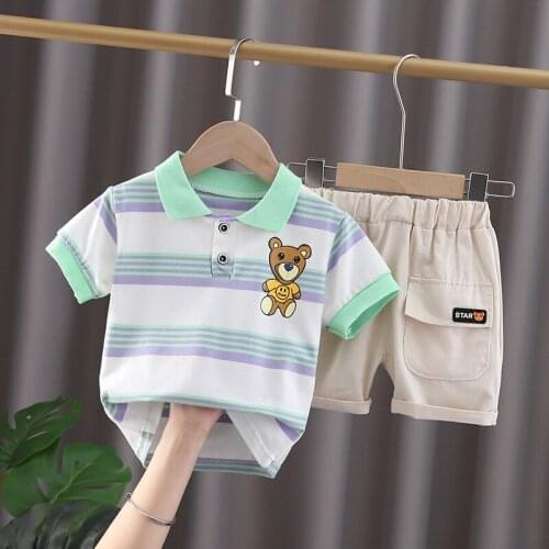 LISUNNY Children Clothing Sets Summer Baby Boys Clothes Toddler Infant Kids Lapel Cartoon Bear Stripe T Shirt Casual Shorts