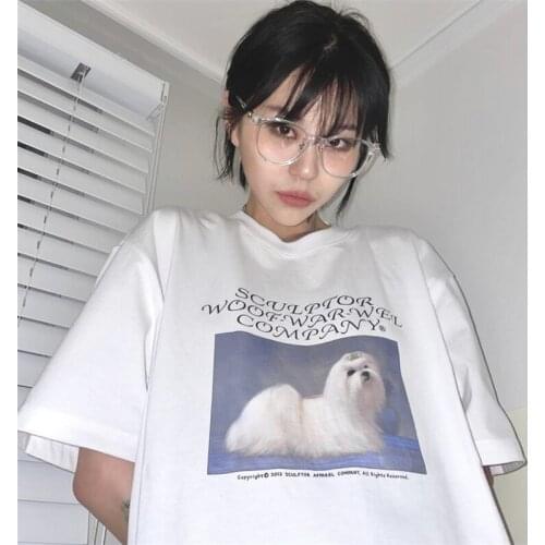 Kawaii Women T-shirt Korean Street Fashion Brand Retro Puppy Dog Print Short-sleeved Tee Shirts Loose Summer Cotton Tops