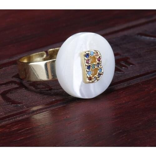Kejialai round natural white shell beads paved cz initial 26 alphabet letters hot sale adjustable rings for women daily jewelry
