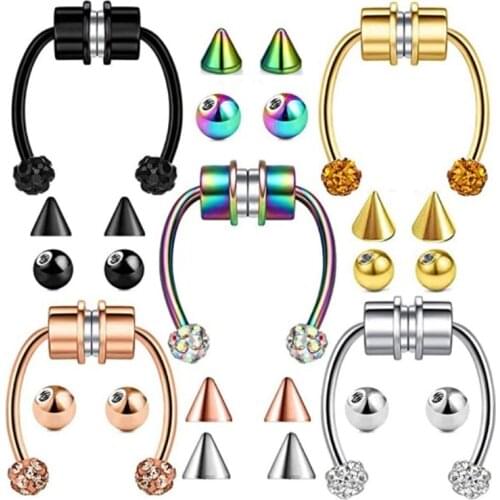 5 Pcs Fake Septum Piercing Magnetic Horseshoe Nose Ring Non Piercing Clip Stainless Steel Reusable Crystal Nose Hoop