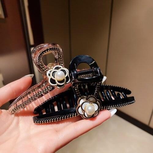 Metal Chain Acrylic Hair Claw Hair Clamp Large Size Pearl Rose Camellia Hair Styling Plastic Hair Grips Headdress Wholesale