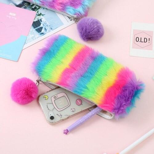 Korean Kawaii Penal Cute Plush School Pencil Case Rainbow Pencilcase For Girls Large Pen Bag Stationery Pouch Box Supplies