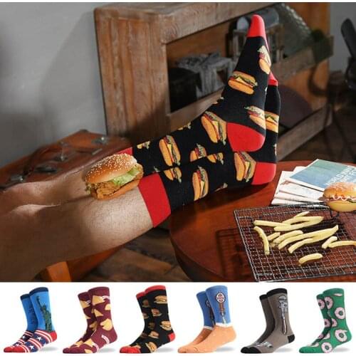 [WPLOIKJD]Mens Creative Hamburger Pattern Socks Happy Wedding Colorful Funny Socks Hip Hop Crew Clacetines Hombre Divertidos