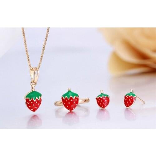 Cute Red Strawberry Pendant Necklace Stud Earrings Adjustable Ring Jewelry Sets Baby Kids Girl Gold Color Anti-Allergic Jewelry