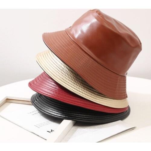 Faux Leather Bucket Hat Men And Women Reversible Pu And Cotton Solid Sun Hat Girl Fashion Fisherman Hats Double-Sided Hat Couple