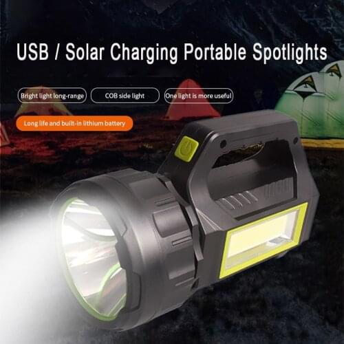Portable Spotlights Outdoor Solar USB Charging LED Powerful Flashlight Dual Light Source Super Bright Long-range Searchlight