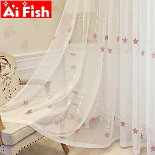 Pink Embroidered Star Sheer Curtains For Childrens Bedroom Window Treatments Mesh Tulle Curtains Living Room Drapes wp309#5