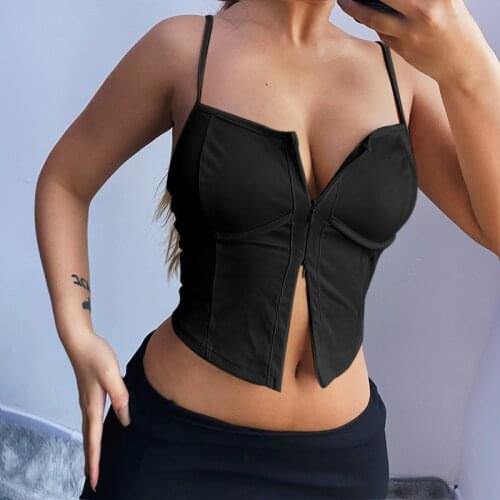 Sexy Camis Crop Tops Vest Women Spaghetti Strap T-shirt Cropped Corset Zipper Front Push Up Wireless Bras Camisole Fitness Vest