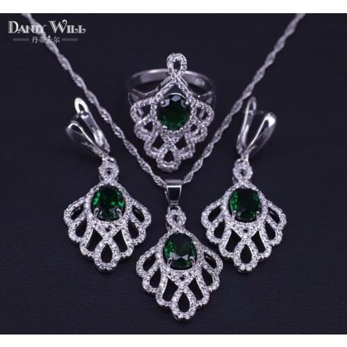Earrings wedding jewelry pendant necklace ring silver color green stone cubic zircon luxury party and wedding jewelry