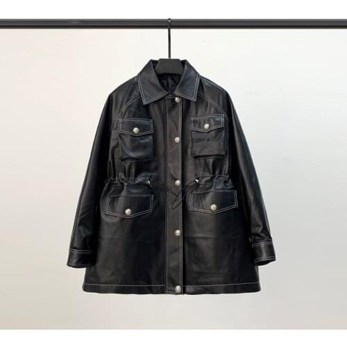 Spring New Style Leather Windbreaker Jacket Womens Mid-length Sheepskin Korean Style Drawstring Big Pocket Coat Motorcycle