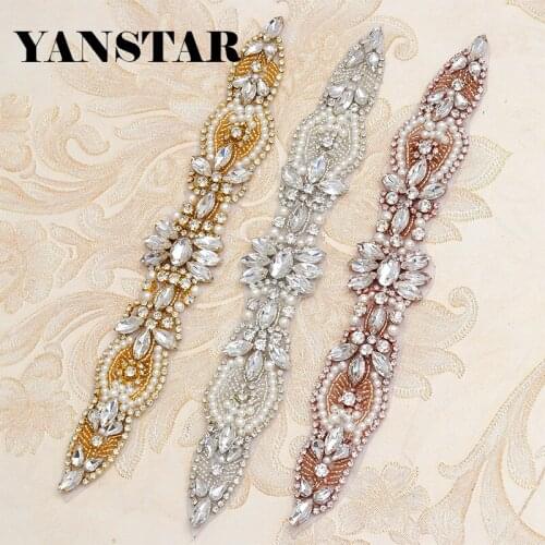 YANSTAR 10PCS Wholesale Bridal Beaded Rose Gold Rhinestones Appliques For Wedding Dress Sash Rhinestones Appliques YS871
