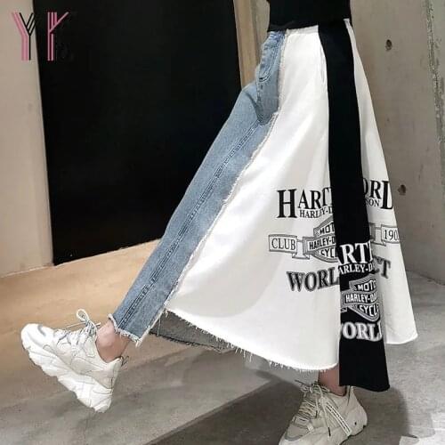 Women Long Skirts Summer Letters Printed Patchwork Skirt for Women Vintage Denim Irregular Skirts Female Streetwear Clothes 2021