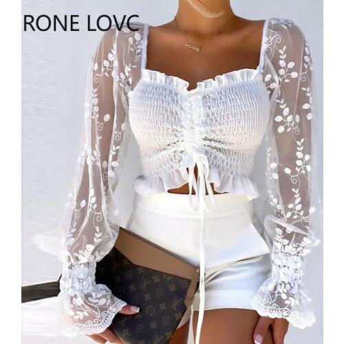 Women Shirring Detail Frill Hem Leaf Pattern Mesh Top Long Sleeve Blouse Women Spring Tops