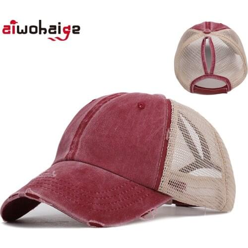 New Ladies Retro Ponytail Baseball Cap Spring Summer Washed Cotton Mesh Hat Women Vintage Snapback Hat Adjustable Outdoor Bone