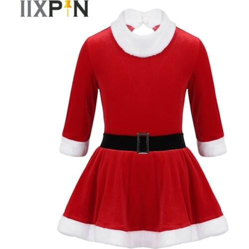 Girls Figure Ice Skating Dress Ballet Dance Christmas Santa Velvet Leotard Dress Dance Costume 3/4 Sleeves Keyhole Back Dress