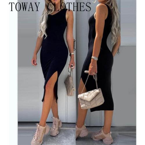 High Slit V-Neck Sleeveless Basic Dress Mid-Calf Plain Summer Dresses For Women 2021
