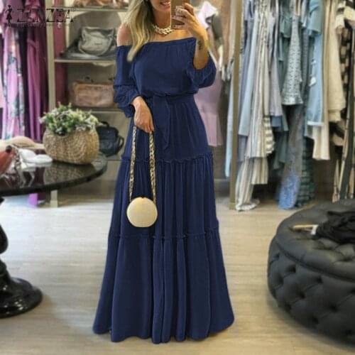 Bohemian Off Shoulder Womens Dress ZANZEA Spring Belted Ruffle Maxi Vestidos Oversize Casual Puff Sleeve Solid Holiday Robe 7