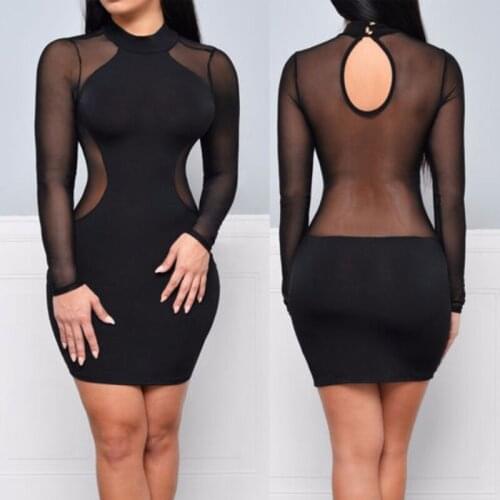 Women Mesh Patchwork See Through Sexy Dress Female Long Sleeve Slim Bodycon Mini Dresses Party Club Clothes Vestido Dropshipping