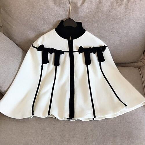 Small fragrance autumn winter white bow cloak woolen coat women stand collar shawl wool blends coat