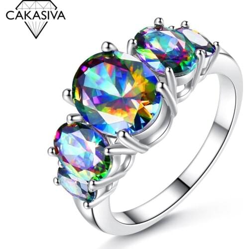 Womens Jewelry 925 Sterling Silver Rainbow Zircon Ring Egg Gemstone Ring Wedding Engagement Gift Jewelry Ring