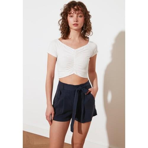 2021 New Season Spring Summer Fashion High Waist Mini Female Short Indigo Petite Belted New Style Bermuda Pockets Shorts