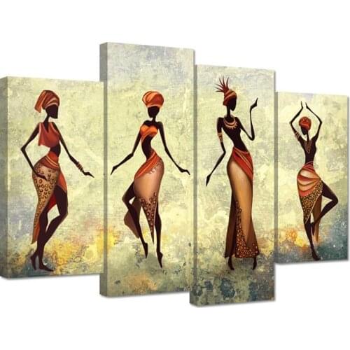 No Framed 4 Pcs Traditional African Women Dancer Wall Art Canvas Poster Pictures Paintings Home Decor for Living Room Decoration