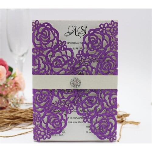 50x Purple Glitter Flora Laser Cut Wedding Invitations With Crystal Diamond and Ivory Belt Gold Silver Champagne Cards for Party