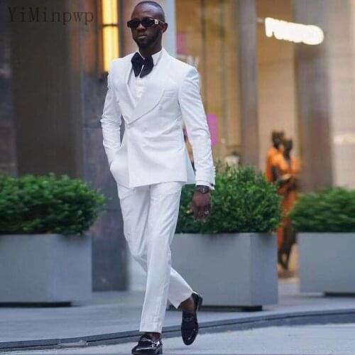 YiMinpwp White Wedding Suits for Men Shawl Lapel Double Breasted 2 Piece Mens Suit Costume Mariage Homme Coat+Pant