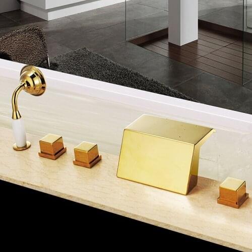 Free ship Waterfall Roman Tub shower Deck Mount 5Pcs widespread GOLD PVD Bath Mixer Square