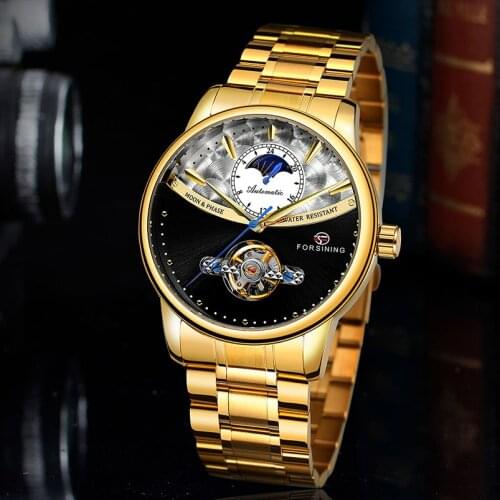 Forsining Watches Fashion Mens Tourbillon Automatic Mechanical Watch Waterproof Steel Band Man Moon Phase Clock Dropshipping
