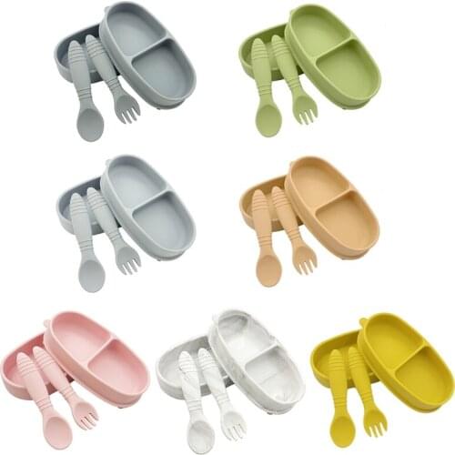 Baby Training Feeding Food Bowl Spoon Fork Set BPA-Free Dishes Tableware Anti Slip Silicone Suction Divided Plate Tray