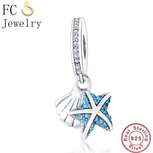 FC Jewelry Fit Original Brand Charm Bracelet 925 Sterling Silver Tropical Starfish & Sea Shell Frosty Mint & Clear CZ DIY Bead