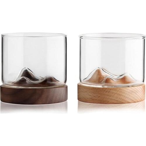 5oz Mountain Wine Glass With Wooden Bottom Whiskey Glasses Japanese Household Tea Cup Solid Wood Base