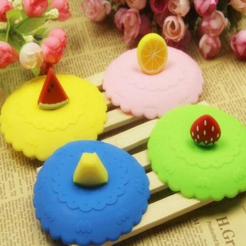 80%HOTSealed Cute Fruit Glass Cup Cover Silicone Suction Leakproof Coffee Mug Lid