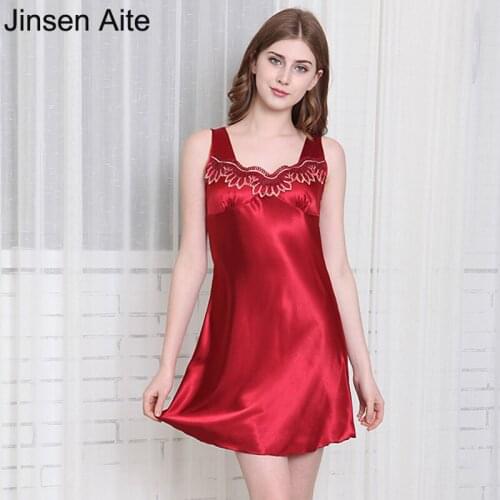 Jinsen Aite Plus Size 4XL Silk Women Sexy Nightgown Sleeveless Lace Sleepwear Summer Home Dress Sleepshirts Female Nightie JS113