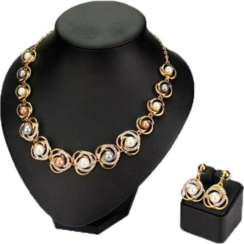 1set Necklace Earrings Simulated Pearl Flower Jewelry Sets Wedding Party Accessories