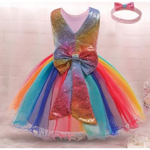 Summer Baby Girl Tutu Dress Children Party Little Kids Clothes Sequin Bow Princess Rainbow Outfits Dress Toddler Girl Clothing