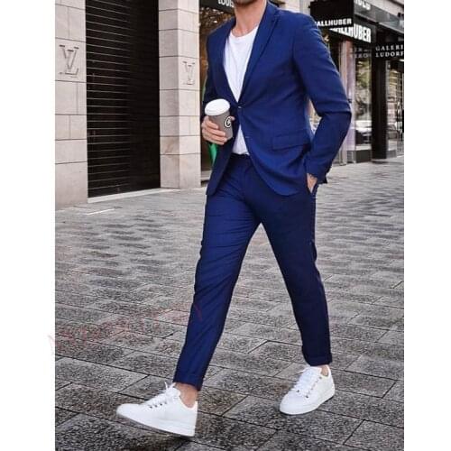 Mens Suit Fashion sets Slim 2 Pieces Blue Suit Business Wedding Cotton Jacket Pants Custom Made Solid Mens Suit Plus Size