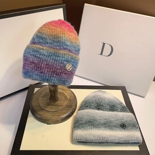2021 New Winter Hats Women thick Rainbow Knitted Hats Female Warm Skullies Gradient Tie Dye Beanies