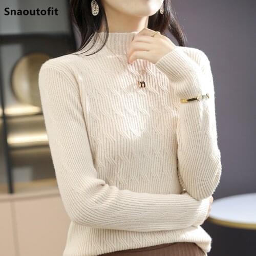 Autumn/Winter New Pure Wool Pullover Womens Sweater Comes With Ripple Half-High Collar Casual All-Match Solid Color Bottoming