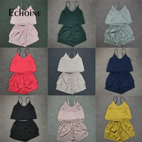 Echoine Sexy kawaii Pijamas Solid Pj Sets Women Two Piece Set Sleeveless V Neck Crop Top Corset Satin Pajamas Home Clothes