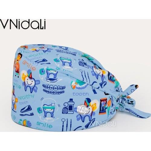 With buttons teeth pattern unisex Scrubs Caps cartoon printing Protect your oral tooth Scrub cap beauty salon Pet work Lab cap