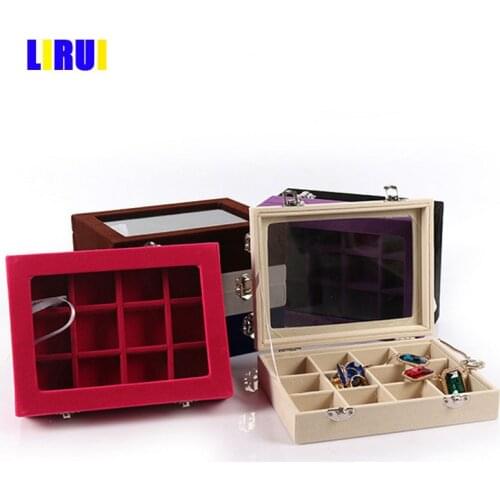 L20*W15*H4.8cm Jewelry Display 12 Compartments Gift Packaging Box Jewellery Organizer with Glass Lid Wrapped High Level Velvet