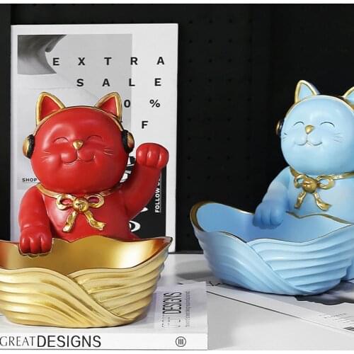 Nordic Ins Creative Resin Lucky Cat Sculpture Ornaments Home Living Room Porch Key Small Object Storage Box Coffee Shop Decor