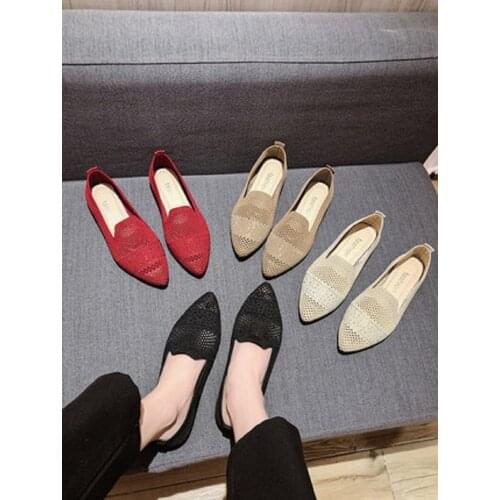 Fashion Pointed Toe All-Match Shallow Mouth Ladies Single Shoes Spring And Summer New Knitted Breathable Casual Shoes