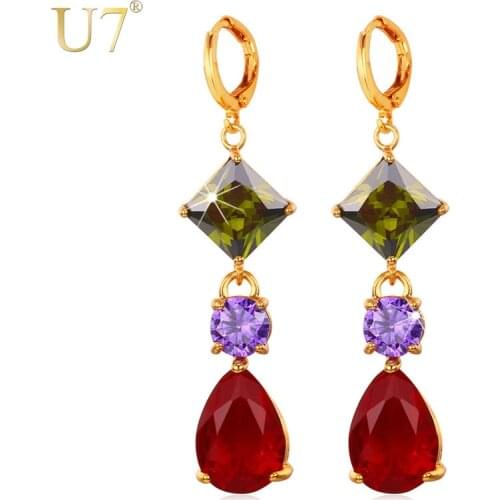 U7 Long Earrings Fashion Jewelry For Women Trendy Gold Color Colorful Cubic Zirconia Drop Earrings E683