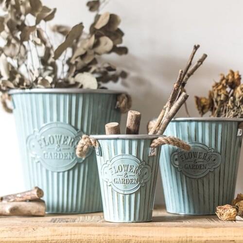 Vintage Blue Ribbon Flower Pacific Flower Pot Flower Store Decorative Dried Flower European French Korean Floor Bucket