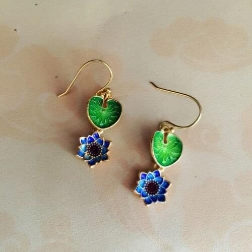 {Xia Yu sterling silver bearing}925 enamel lotus Chinese Cloisonne earrings earrings