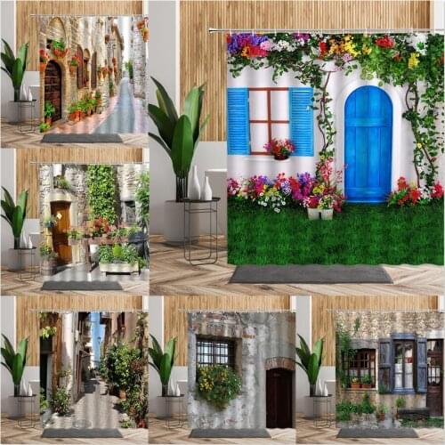 Spring Flowers Printed Shower Curtain Street Alley Pattern Bathroom Decors 3D Garden Bath Fabric Waterproof Living Room Curtains